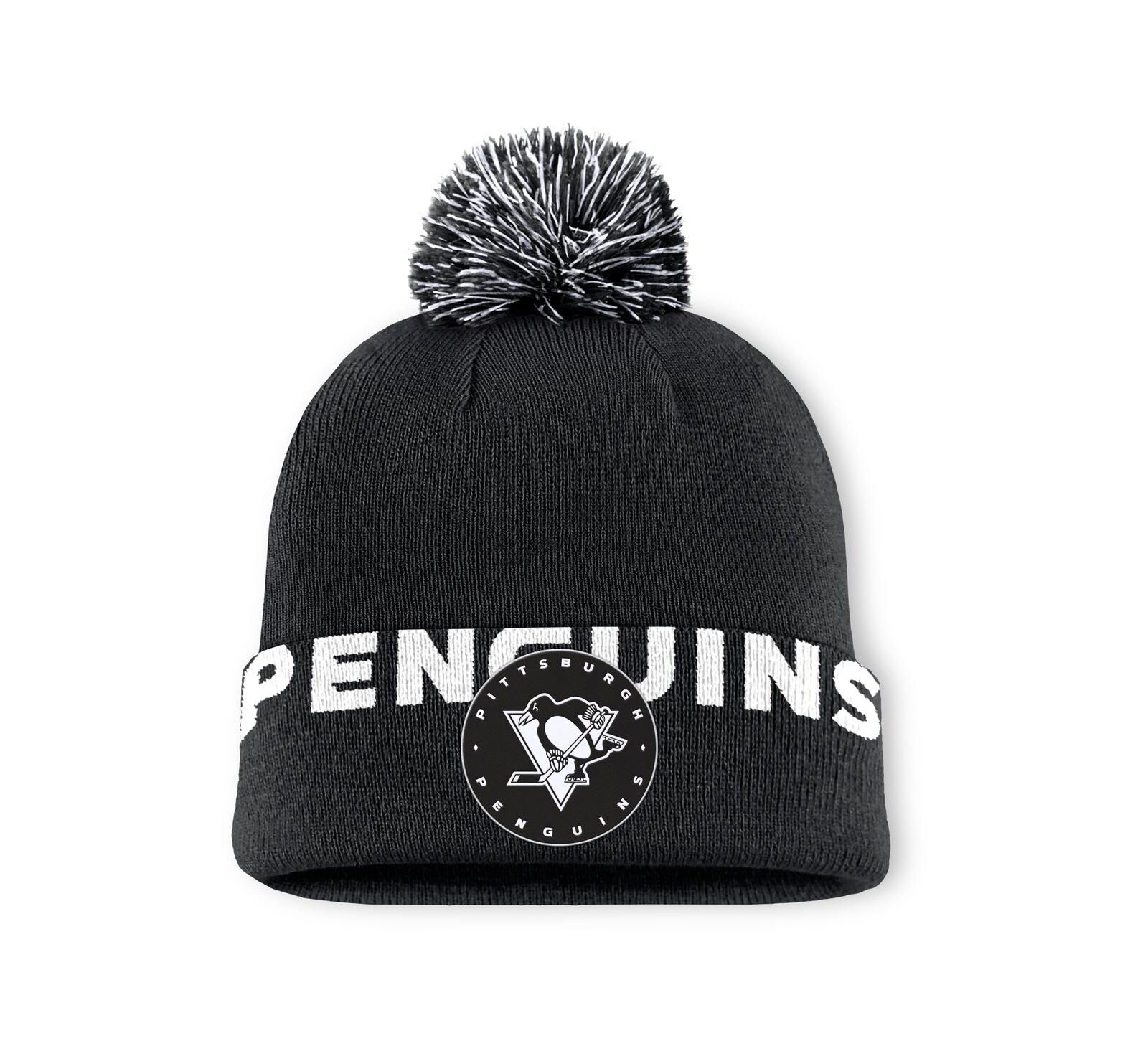 Мужская шапка Fanatics Black Pittsburgh Penguins Fundamental High Stick Cuffed with Pom Knit Hat