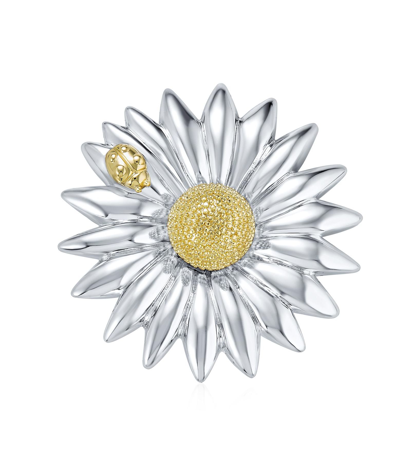 Bling Jewelry Two Tone Fashion Statement Ladybug Sunflower Daisy Brooch Scarf Pin Silver Gold
