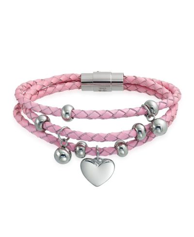 Bling Jewelry Romantic White Braided Leather Triple Wrap Heart Charm Bracelet 8 Inch