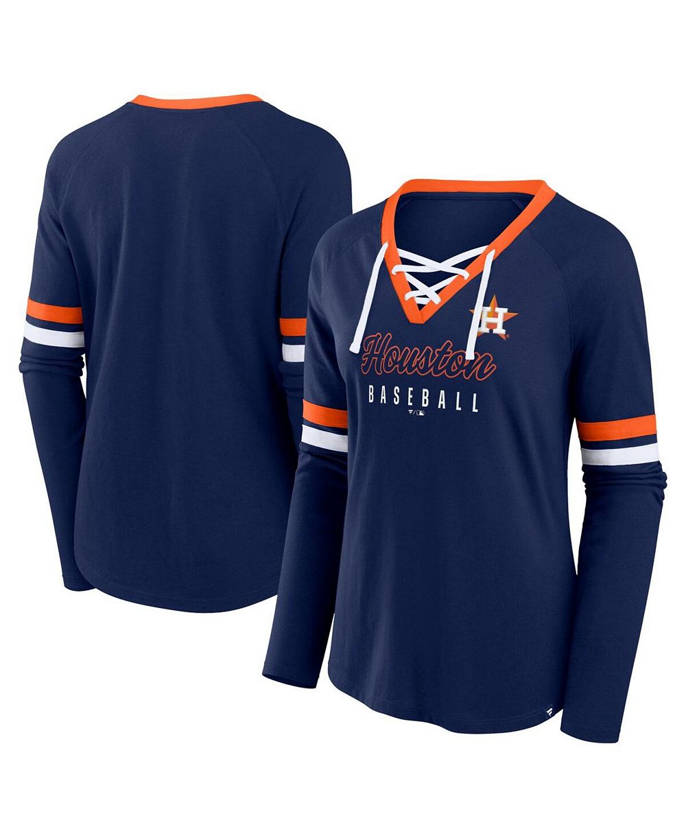 Женская футболка Fanatics Houston Astros Won Done Raglan с шнуровкой, длинный рукав, темно-синяя