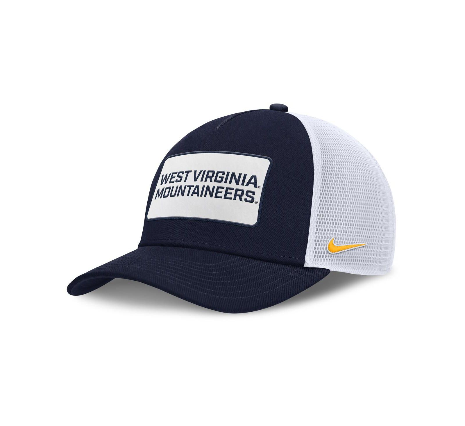 Мужская кепка Nike West Virginia Mountaineers 2025 On-Field Rise Patch Trucker Adjustable Hat Navy/White