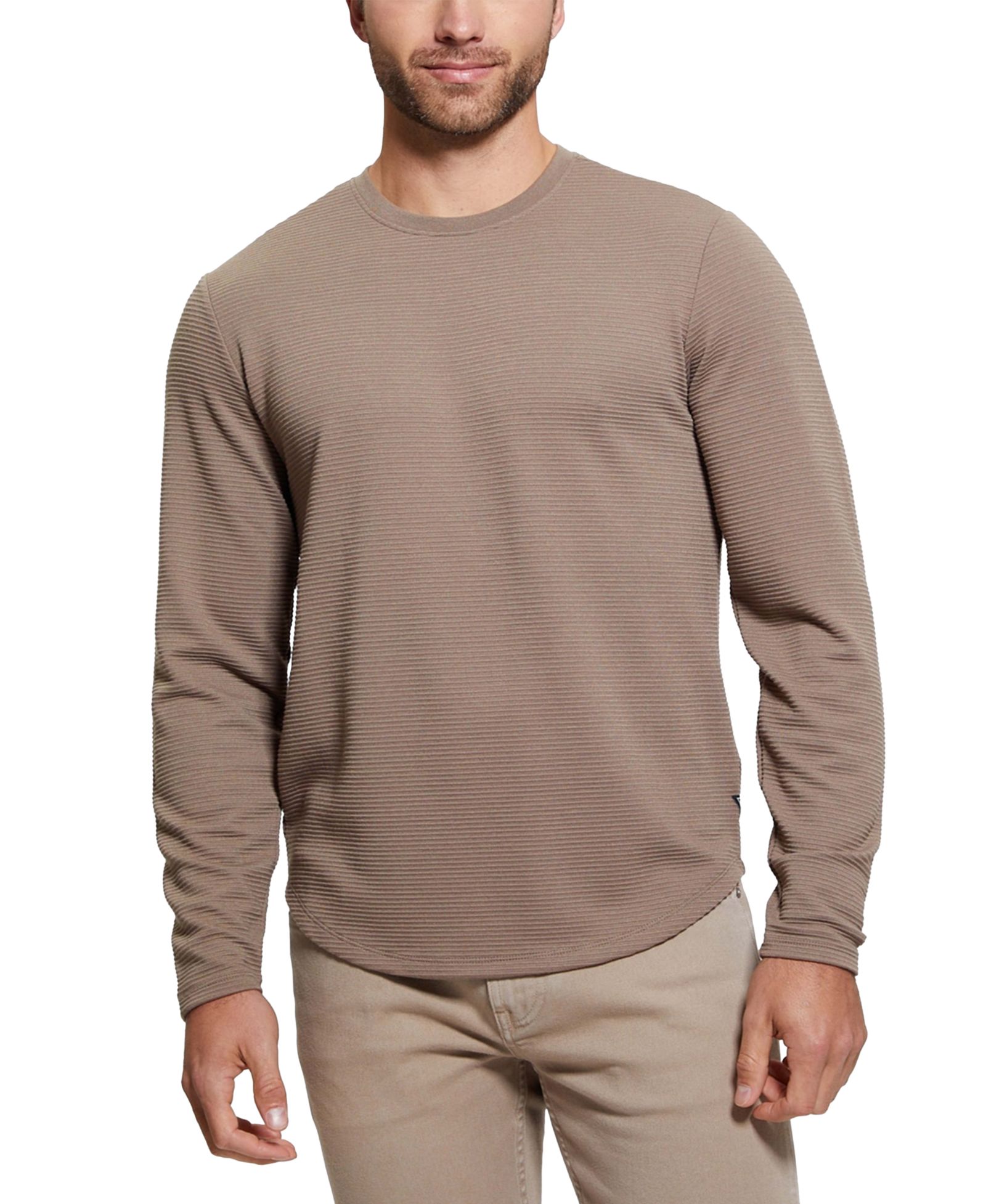 GUESS Men's Relaxed Fit Linear Textured Long Sleeve Crewneck T-Shirt