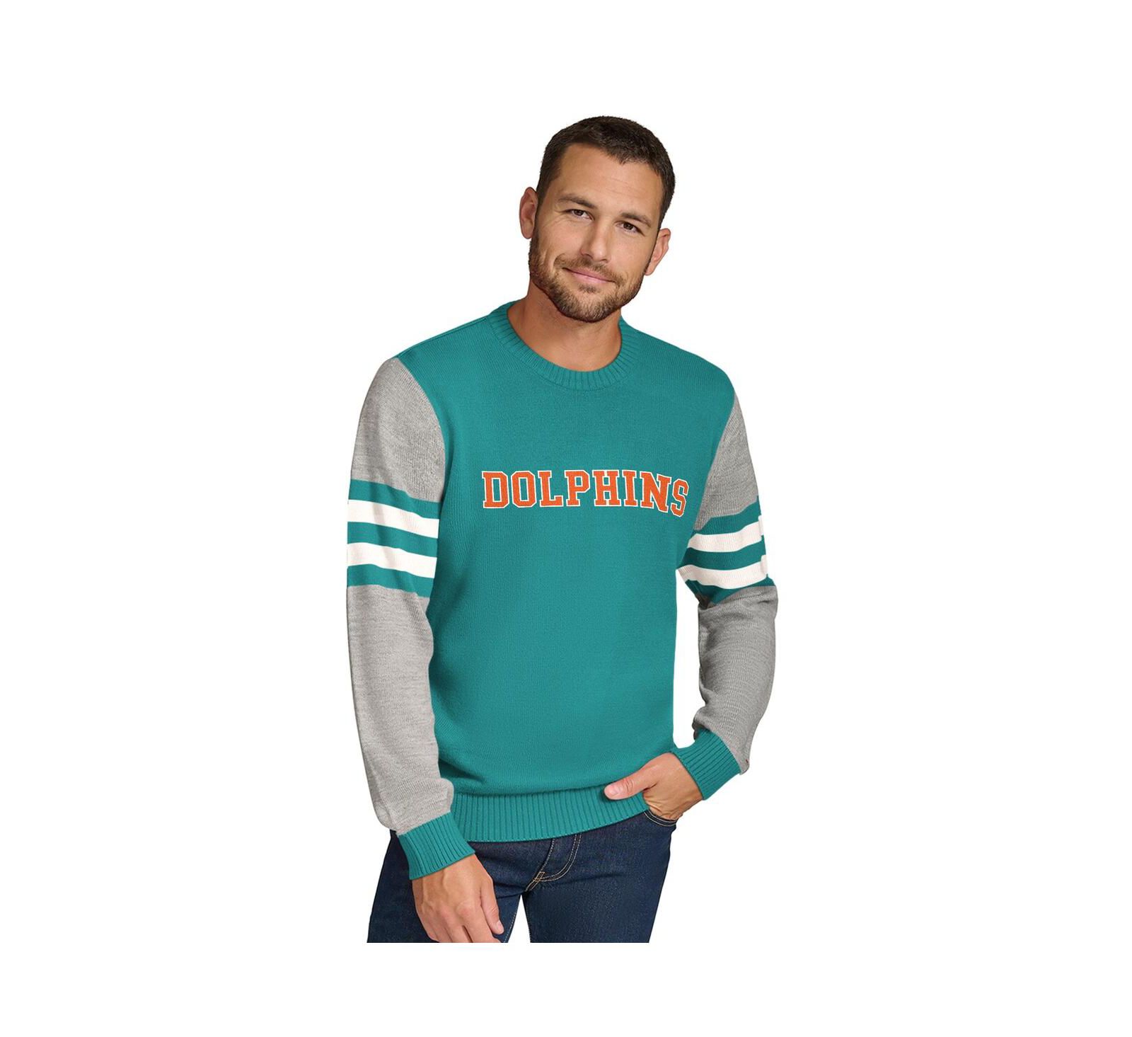 Tommy Hilfiger Men's Aqua/Heather Gray Miami Dolphins Acrylic Crewneck Pullover Sweatshirt