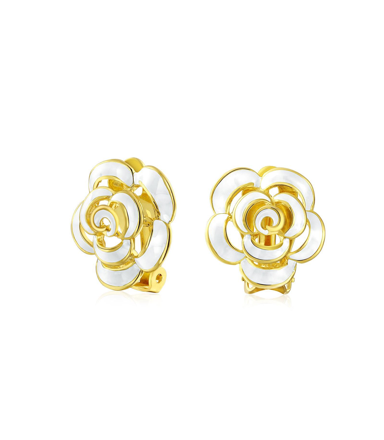 Серьги Bling Jewelry Enamel 3D Blue White Rose Flower Clip On