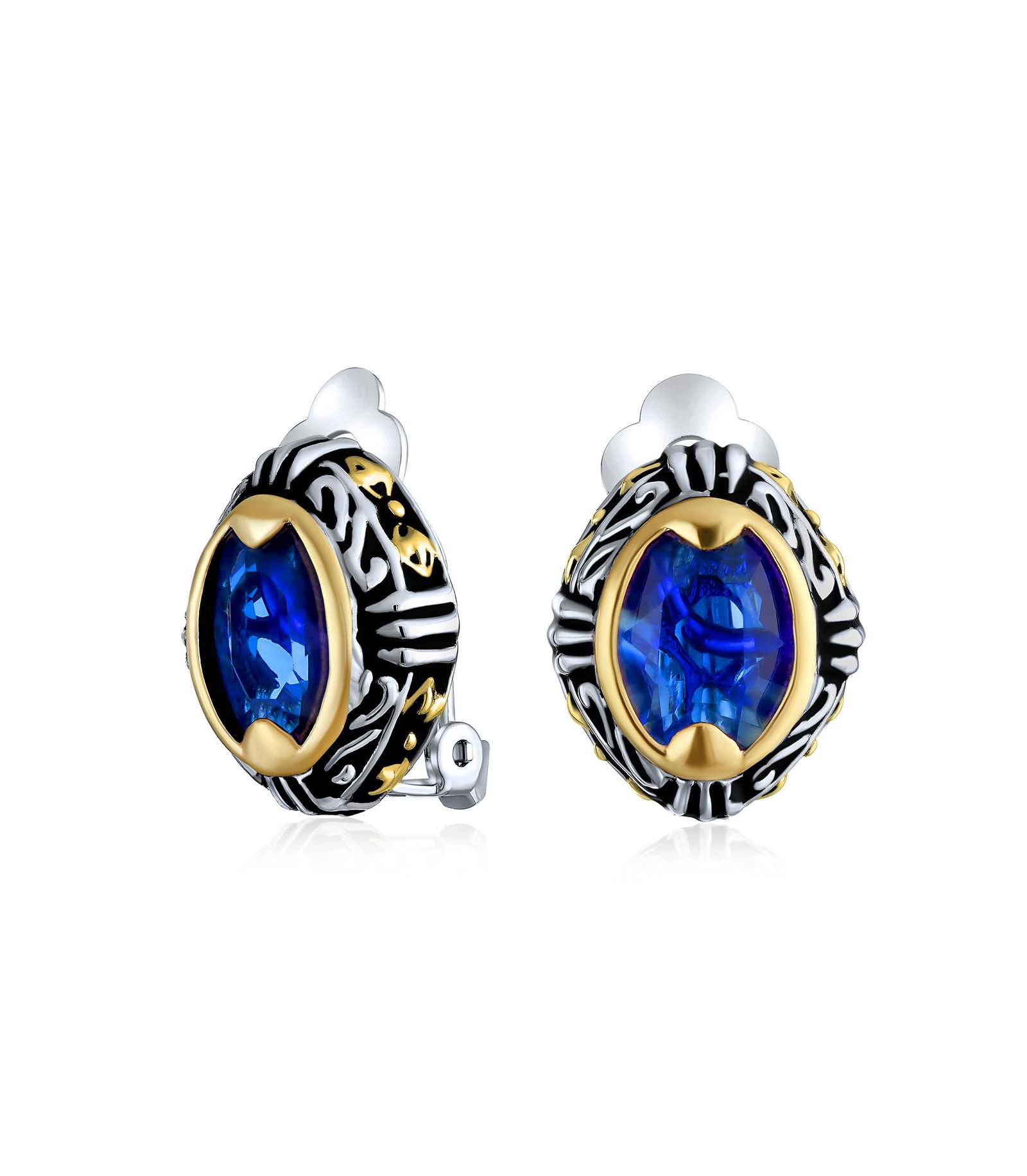 Bling Jewelry Bali Button Style Two Tone Blue Crystal Oval Clip-On Earrings Gold Plated