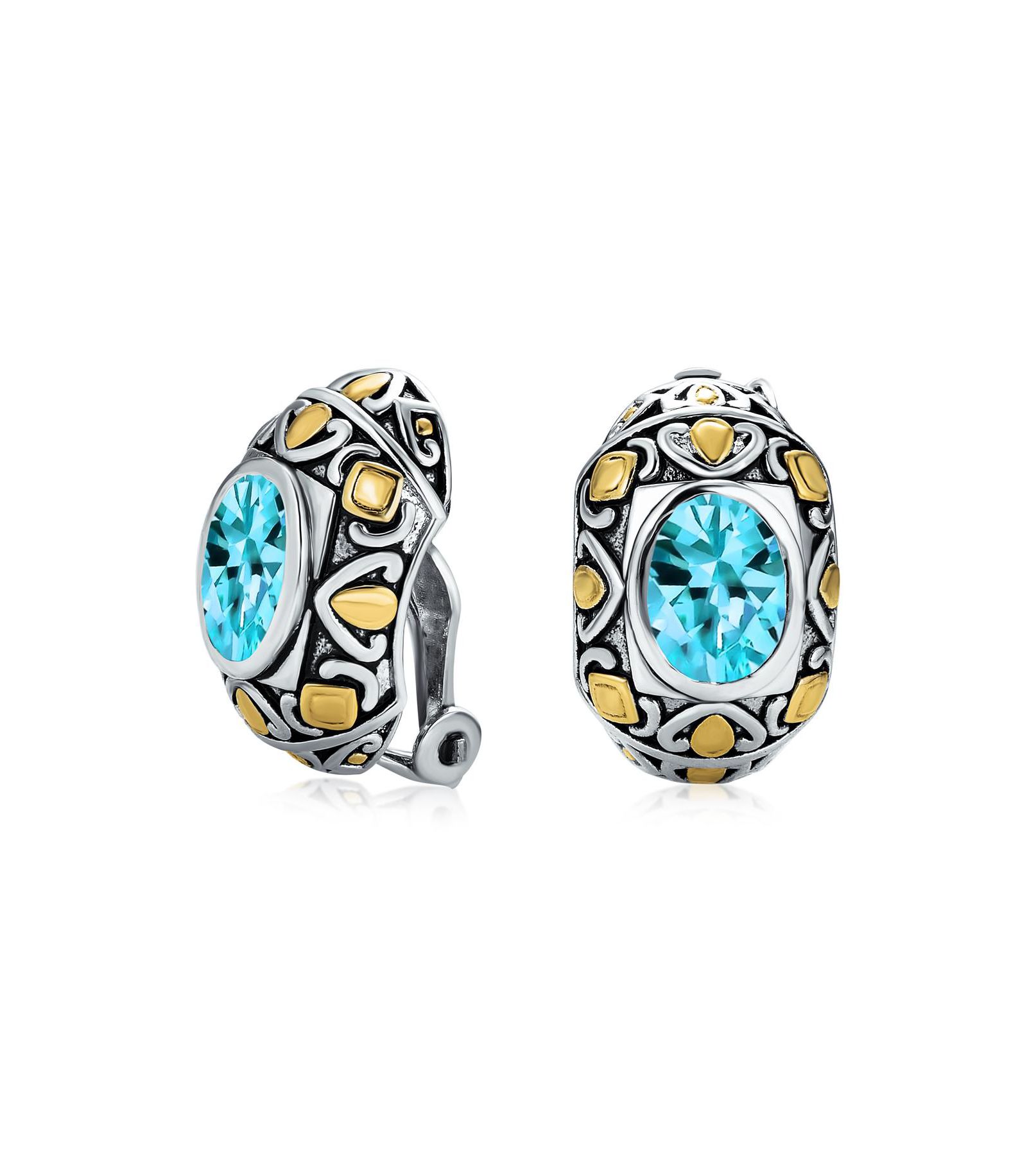 Серьги-клипсы Bling Jewelry Two-Tone Bali Style с имитацией аквамарина CZ