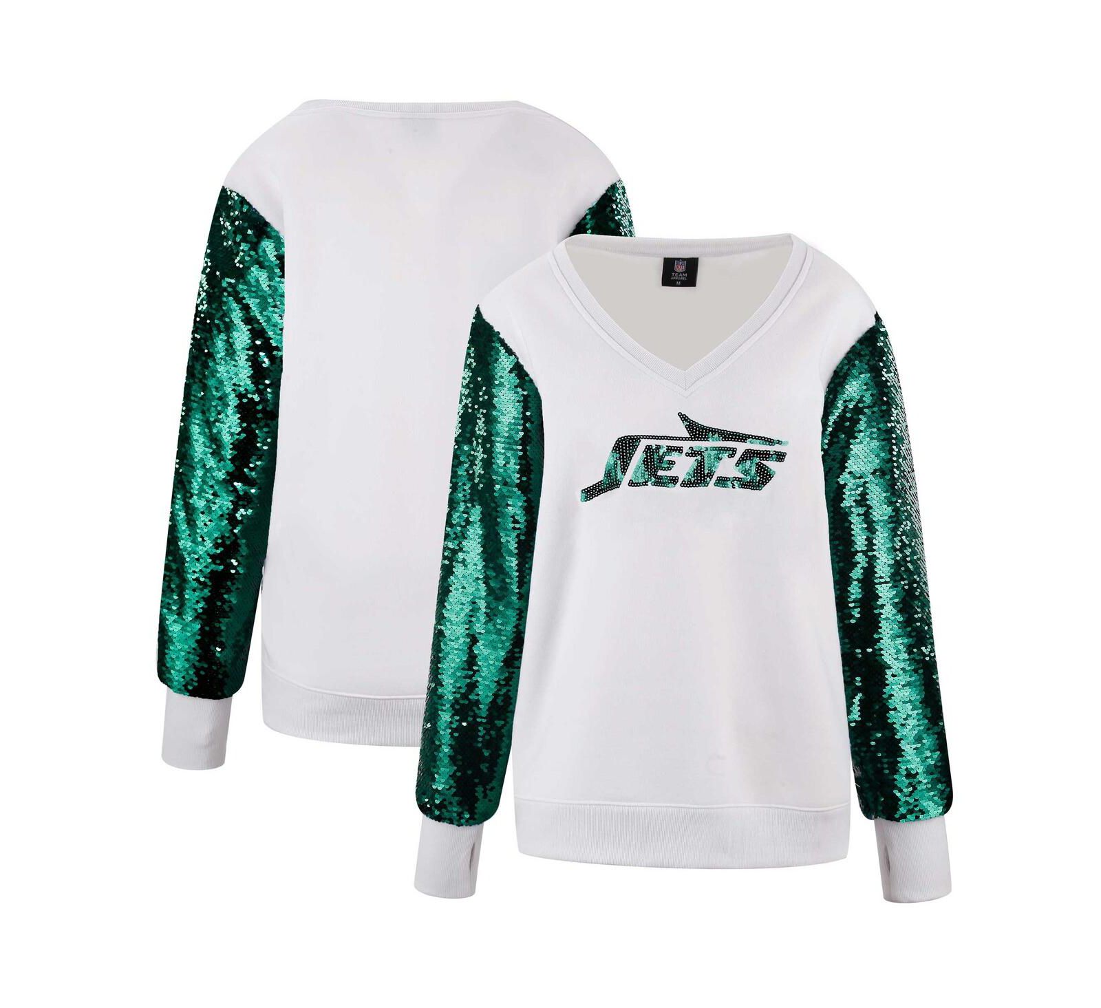 Свитшот Cuce Women's White/Green New York Jets Sequin Sleeve V-Neck Pullover