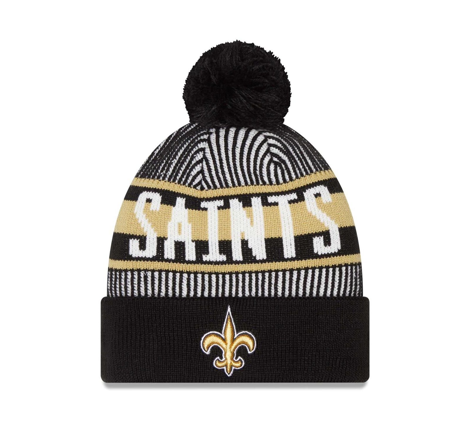 New Era Men's Black New Orleans Saints Striped Cuffed with Pom Knit Hat