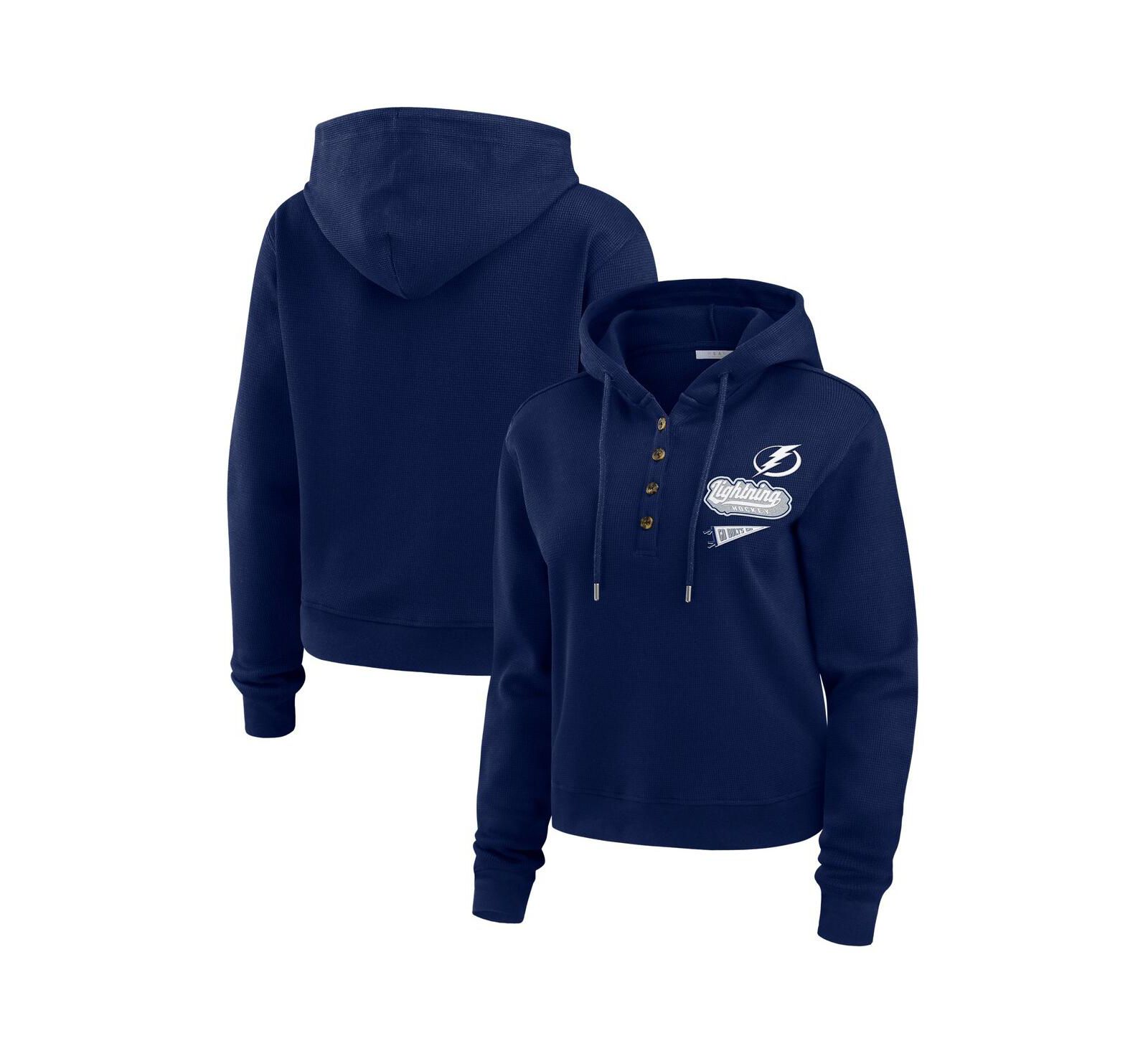 WEAR by Erin Andrews Women's Blue Tampa Bay Lightning Waffle Knit Pullover Hoodie