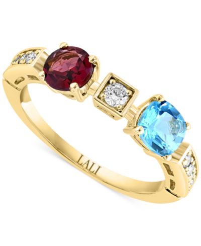 Кольцо LALI Jewels Swiss Blue Topaz (3/4 ct. t.w.), Rhodolite (1/6 ct. t.w.) & Diamond (1/6 ct. t.w.) in 14k Yellow Gold