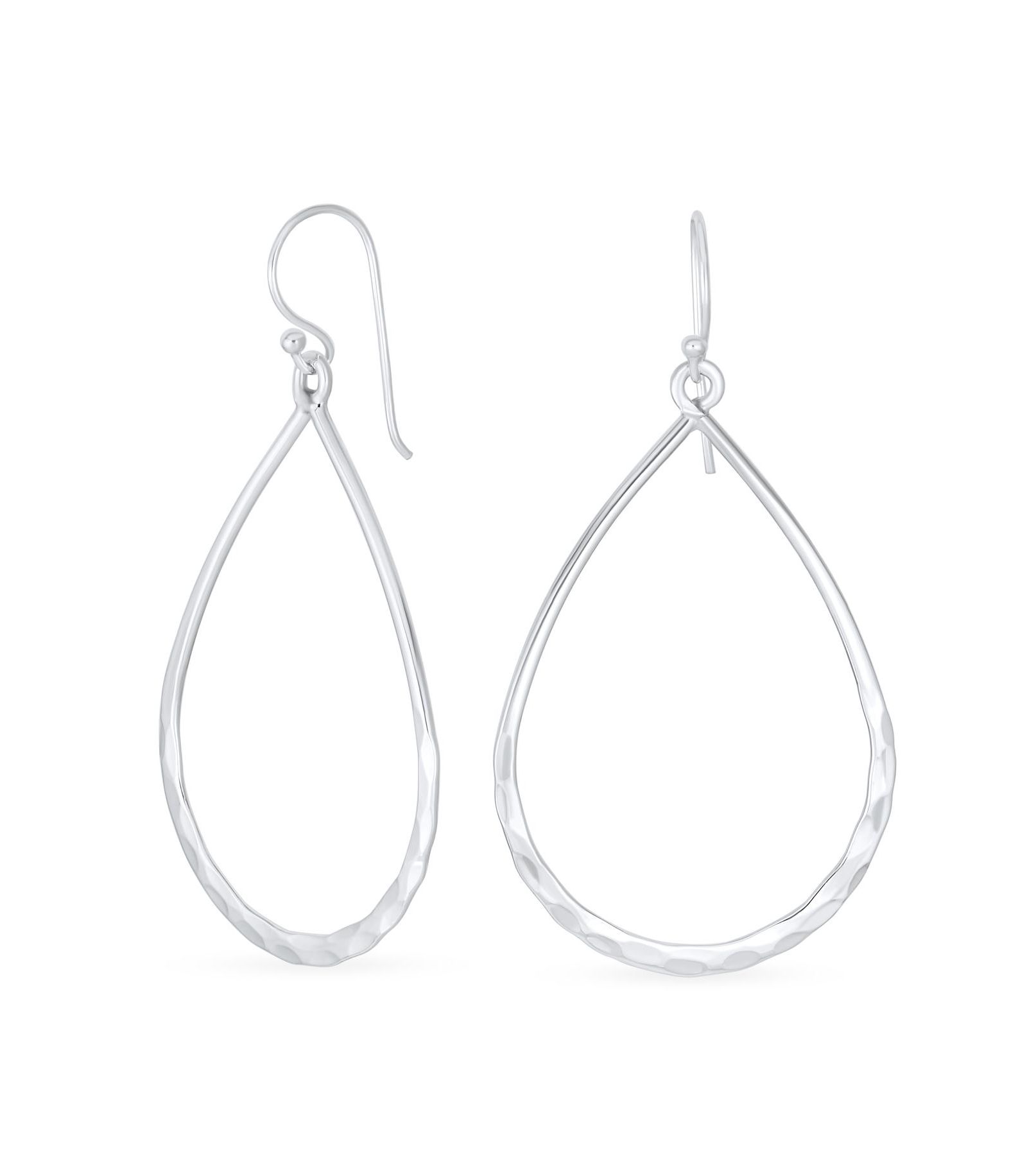 Bling Jewelry Big Open Teardrop Hoop Earrings Hammered 925 Sterling Silver 2" Lever Back