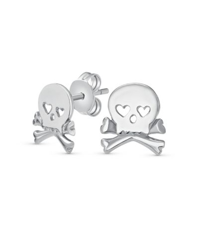 Bling Jewelry Heart Eyes Skull and Crossbones Stud Earrings .925 Sterling Silver
