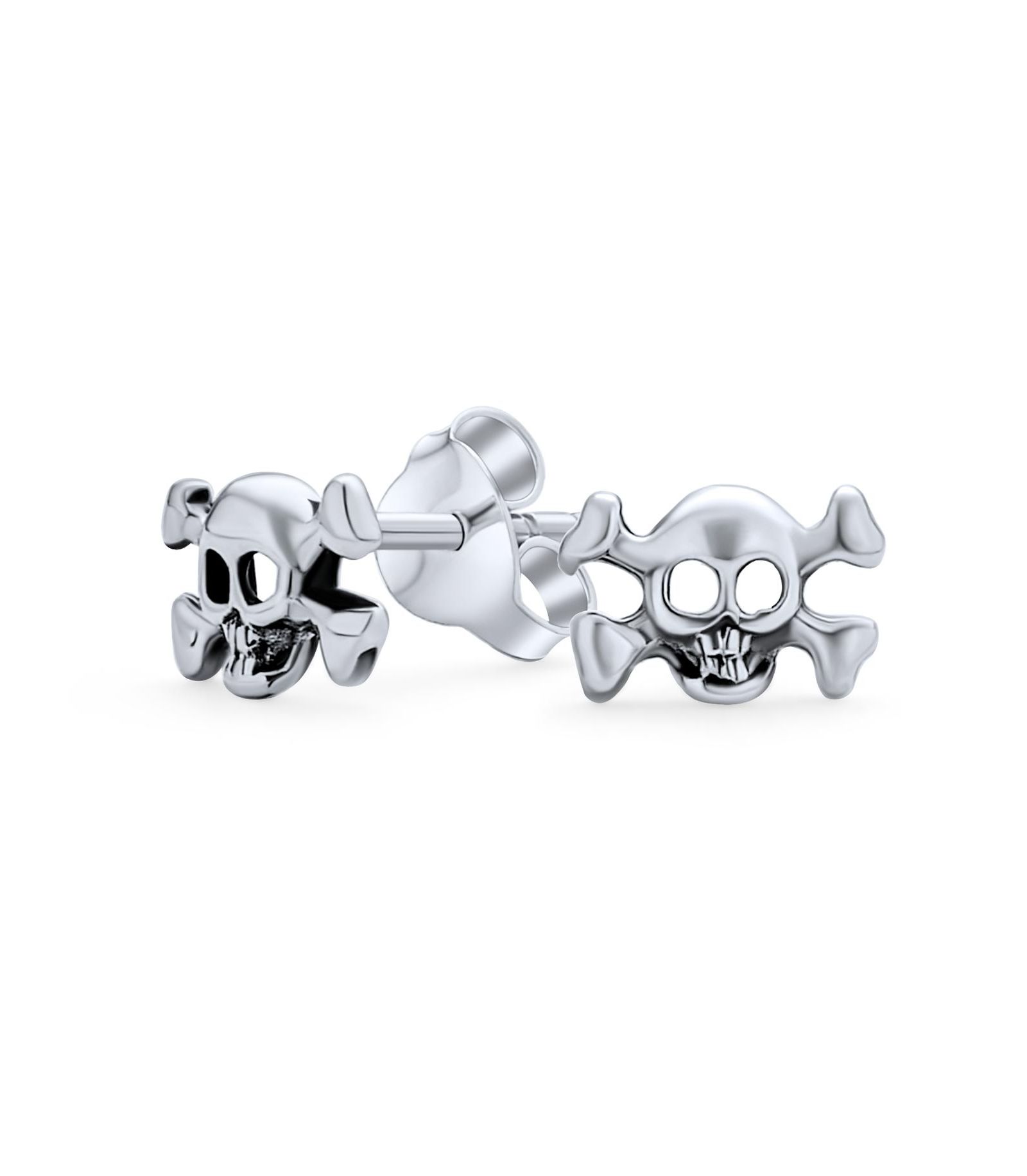 Bling Jewelry Men's Biker Goth Crossbone Skull Stud Earrings Oxidized 925 Sterling Silver