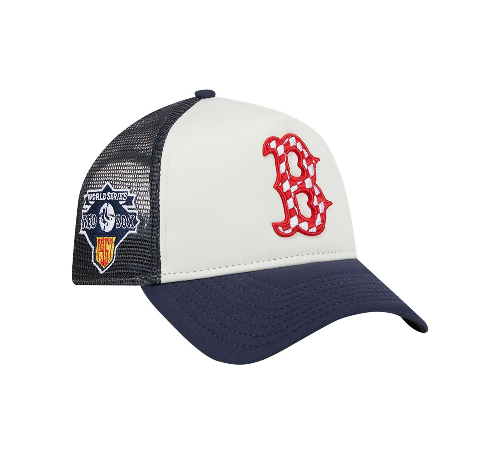 New Era Men's White/Navy Boston Red Sox Checkered Flag A-Frame Trucker 9FORTY Adjustable Hat