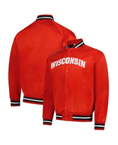 Mitchell & Ness Мужская куртка с застежкой на кнопках, атласная, красная, Wisconsin Badgers
