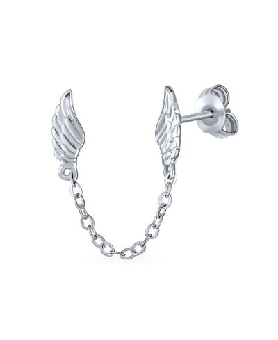 Bling Jewelry Серьги-гвоздики с перьями в виде крыльев ангела и цепочкой, стерлинговое серебро, двойной прокол