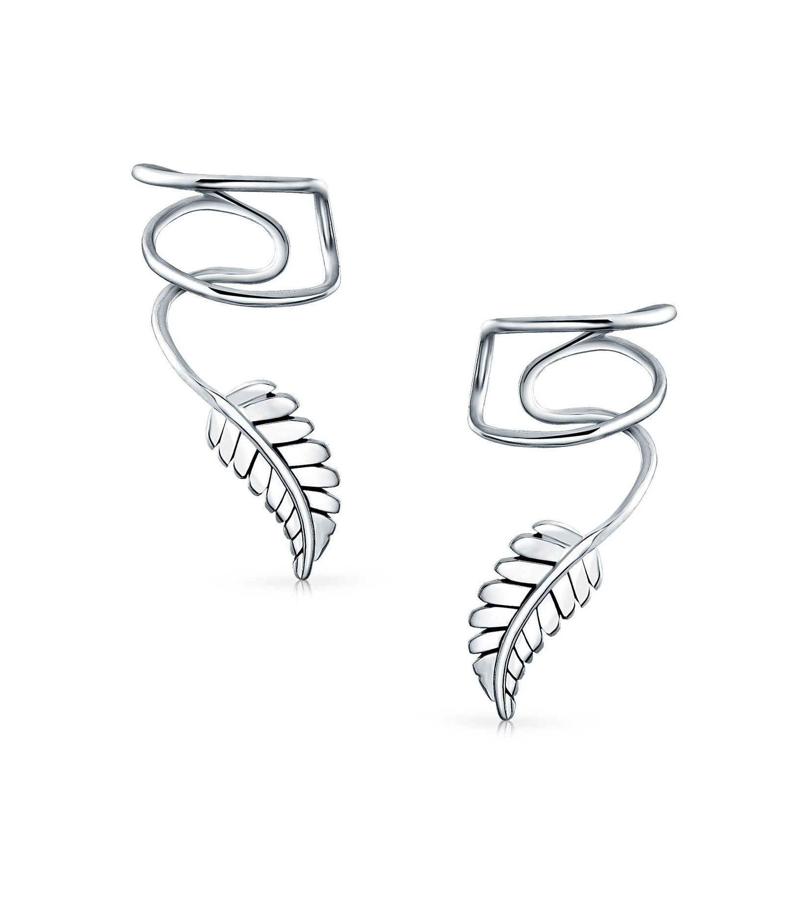 Bling Jewelry Nature Feather Leaf Cartilage Ear Cuffs Earrings Oxidized Sterling Silver