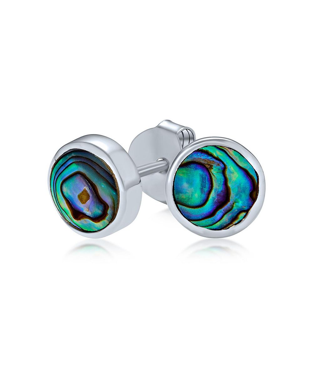 Bling Jewelry Round Bezel Set Iridescent Abalone Shell Stud Earrings .925 Sterling Silver
