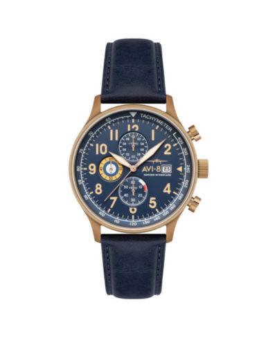 AVI-8 Men's Hawker Hurricane Classic Chronograph Blue Leather Strap Watch, 43.5mm