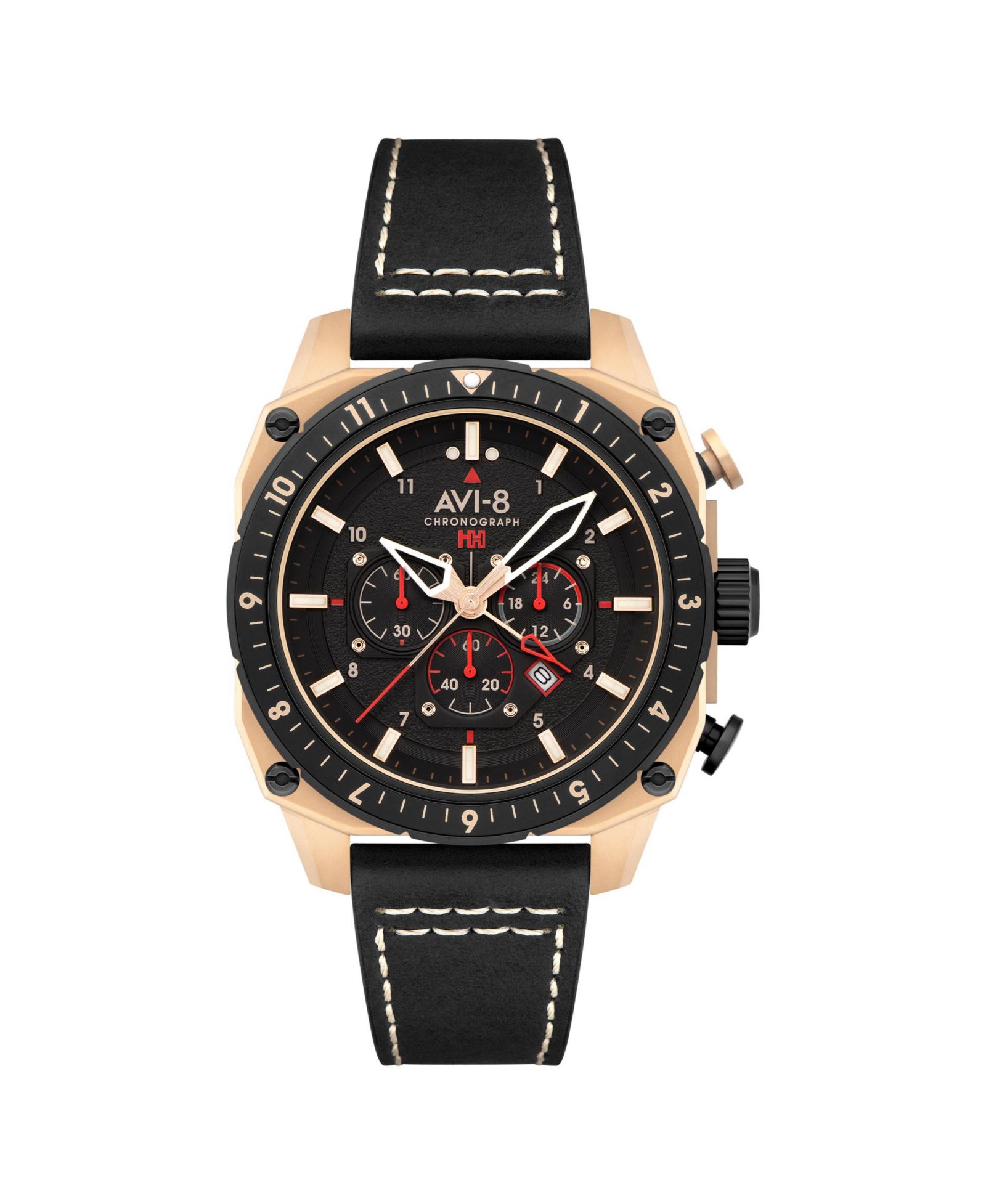 Мужские часы AVI-8 Hawker Hunter Atlas Dual-Time Chronograph с черным кожаным ремешком, 44mm
