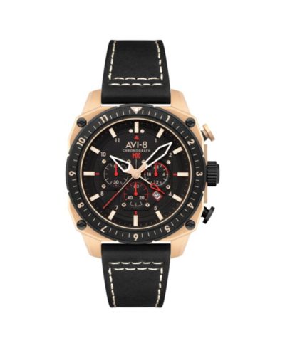 Мужские часы AVI-8 Hawker Hunter Atlas Dual-Time Chronograph с черным кожаным ремешком, 44mm