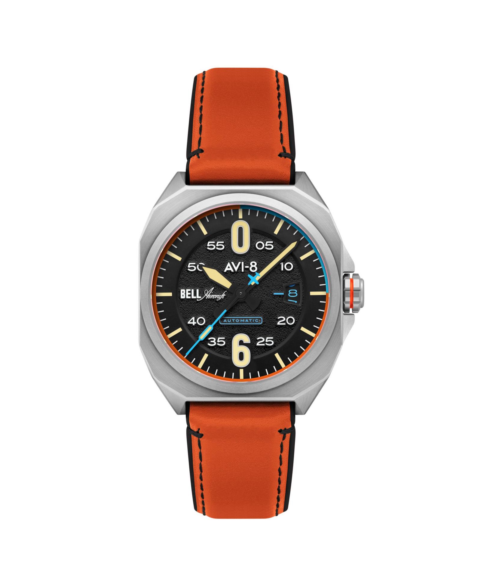 Мужские часы AVI-8 Bell X-1 Machbuster Automatic с оранжевым кожаным ремешком, 41mm