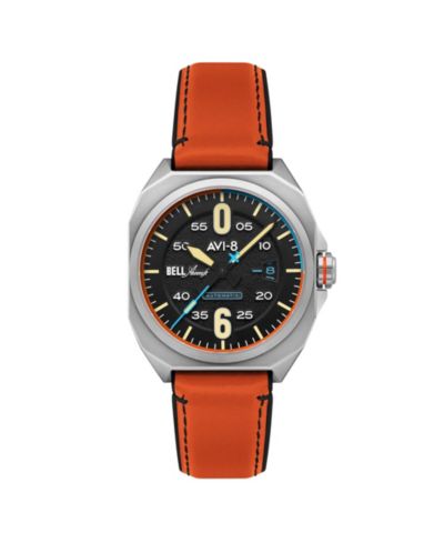 AVI-8 Men's Bell X-1 Machbuster Automatic Orange Rubber and Leather Strap Watch, 41mm