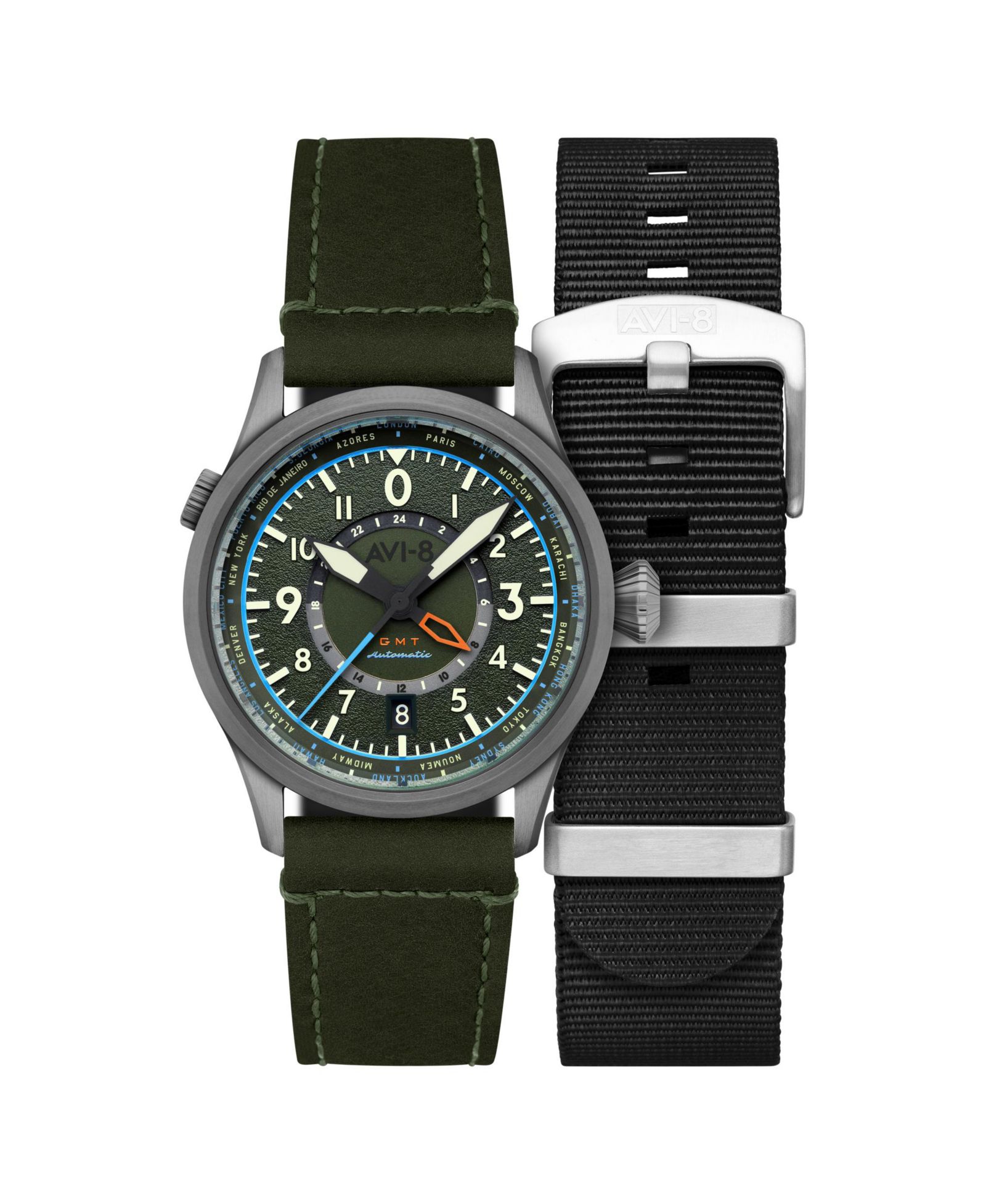AVI-8 Men's Flyboy Wingman Worldtimer GMT Automatic Green Leather Strap Watch, 41mm