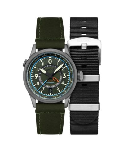 AVI-8 Men's Flyboy Wingman Worldtimer GMT Automatic Green Leather Strap Watch, 41mm