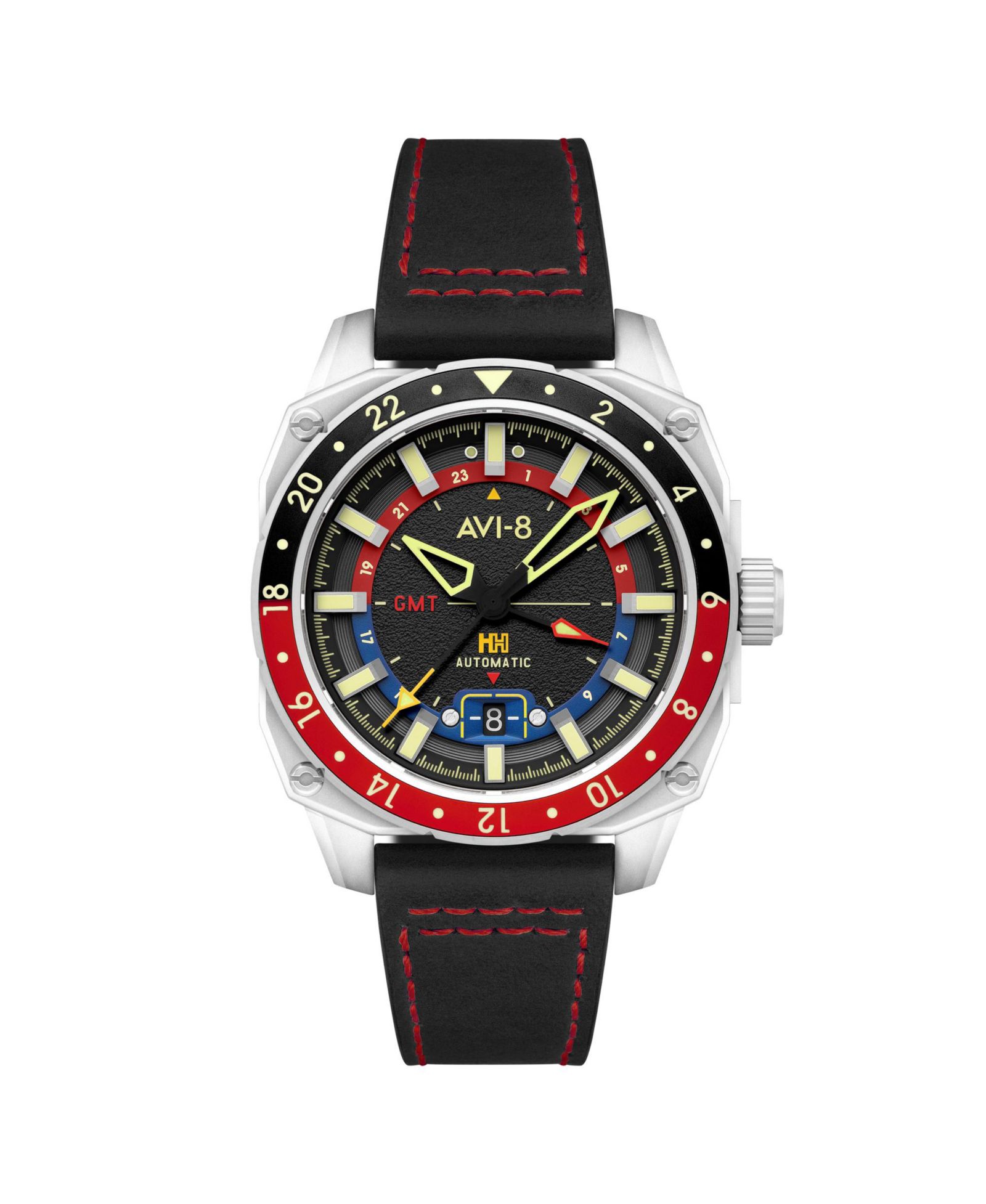 AVI-8 Men's Hawker Hunter Atlas GMT Automatic Black Leather Strap Watch, 44mm