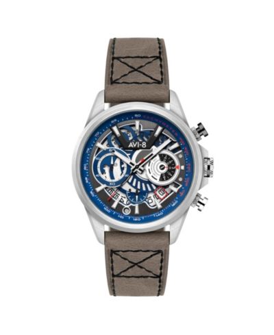 Мужские часы AVI-8 Hawker Harrier Matador Chronograph Gray Leather Strap 44mm