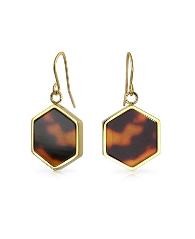 Bling Jewelry Серьги-подвески из акрила, шестиугольная форма, имитация черепахового панциря, позолоченная нержавеющая сталь