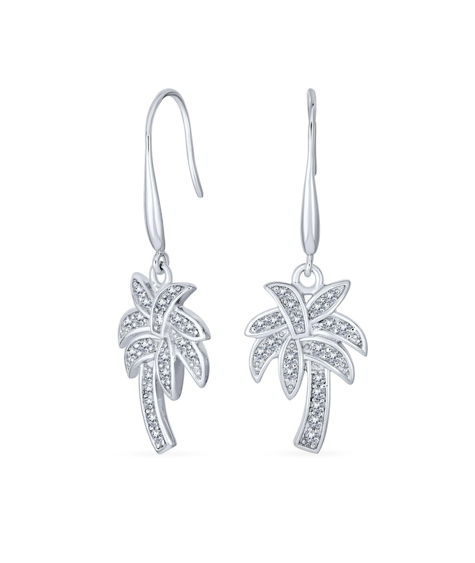 Bling Jewelry Tropical Beach Palm Tree Dangle Earrings Pave CZ .925 Sterling Silver