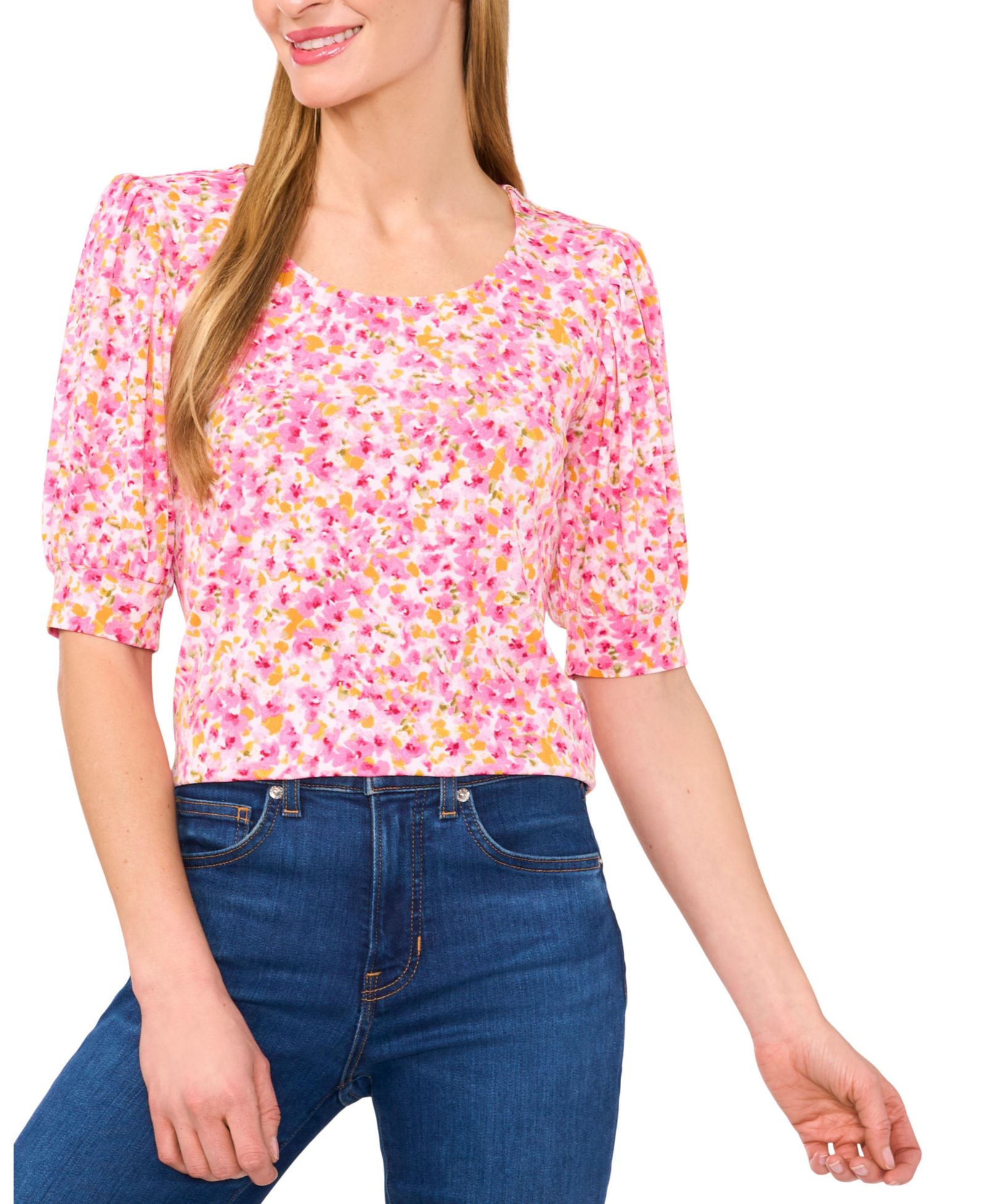 Топ CeCe Women's Floral Crewneck 3/4-Sleeve Shirred