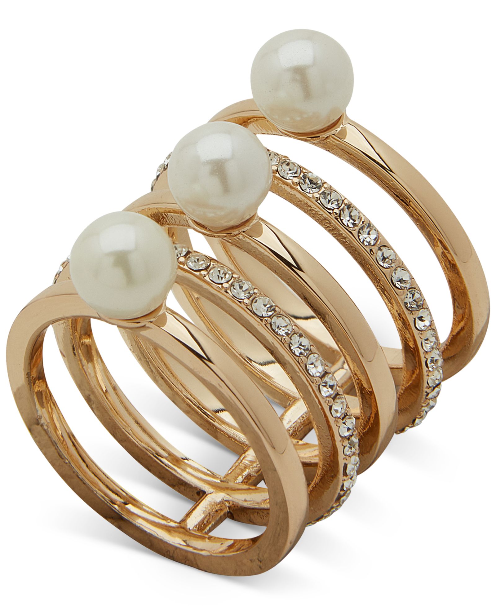 Emily in Paris Gold-Tone Pavé & Imitation Pearl Multi-Row Ring