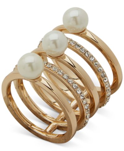 Emily in Paris Gold-Tone Pavé & Imitation Pearl Multi-Row Ring
