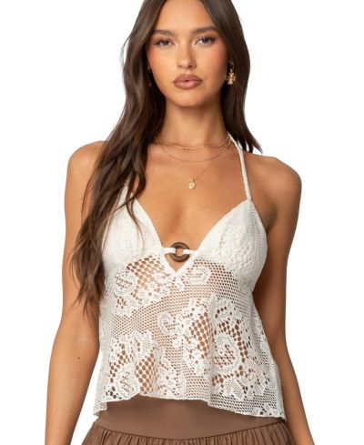Edikted Women's Sheer Crochet Babydoll Halter Top