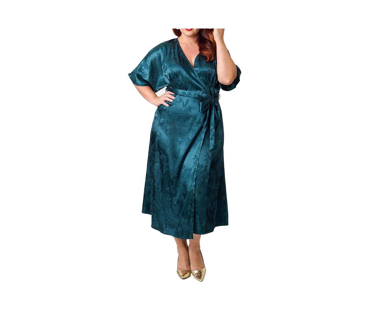 Unique Vintage Plus Size Tie Wrap Surplice Midi Dress