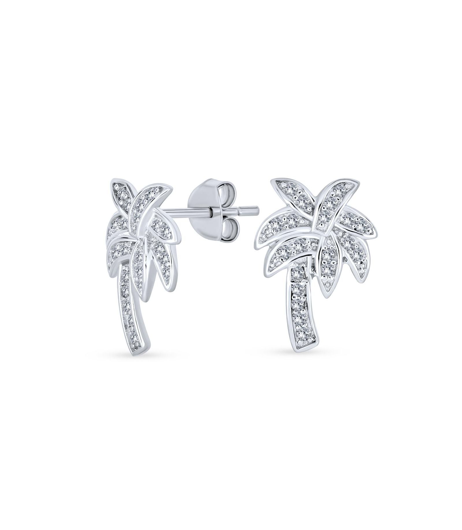 Bling Jewelry Tropical Hawaiian Palm Tree Stud Earrings Pave CZ .925 Sterling Silver