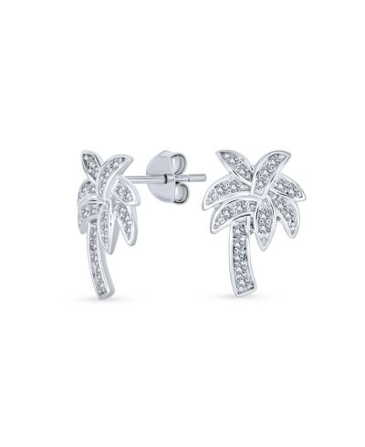 Bling Jewelry Tropical Hawaiian Palm Tree Stud Earrings Pave CZ .925 Sterling Silver