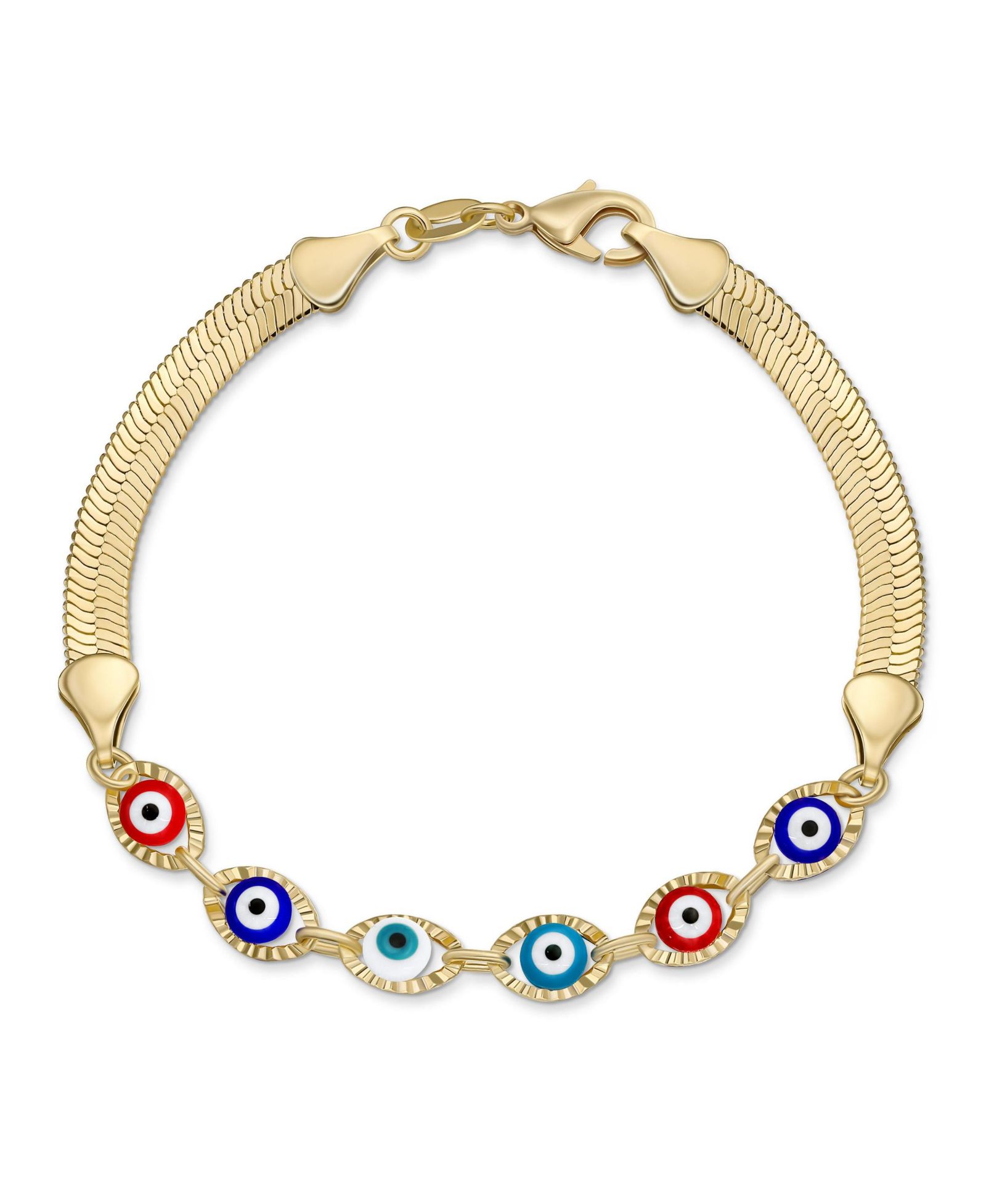Bling Jewelry Rainbow Multi Color Evil Eye Herringbone Snake Chain Bracelet Gold Plated