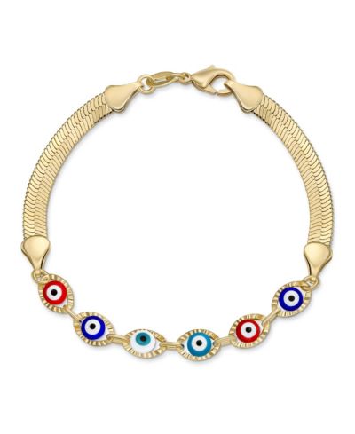 Bling Jewelry Rainbow Multi Color Evil Eye Herringbone Snake Chain Bracelet Gold Plated