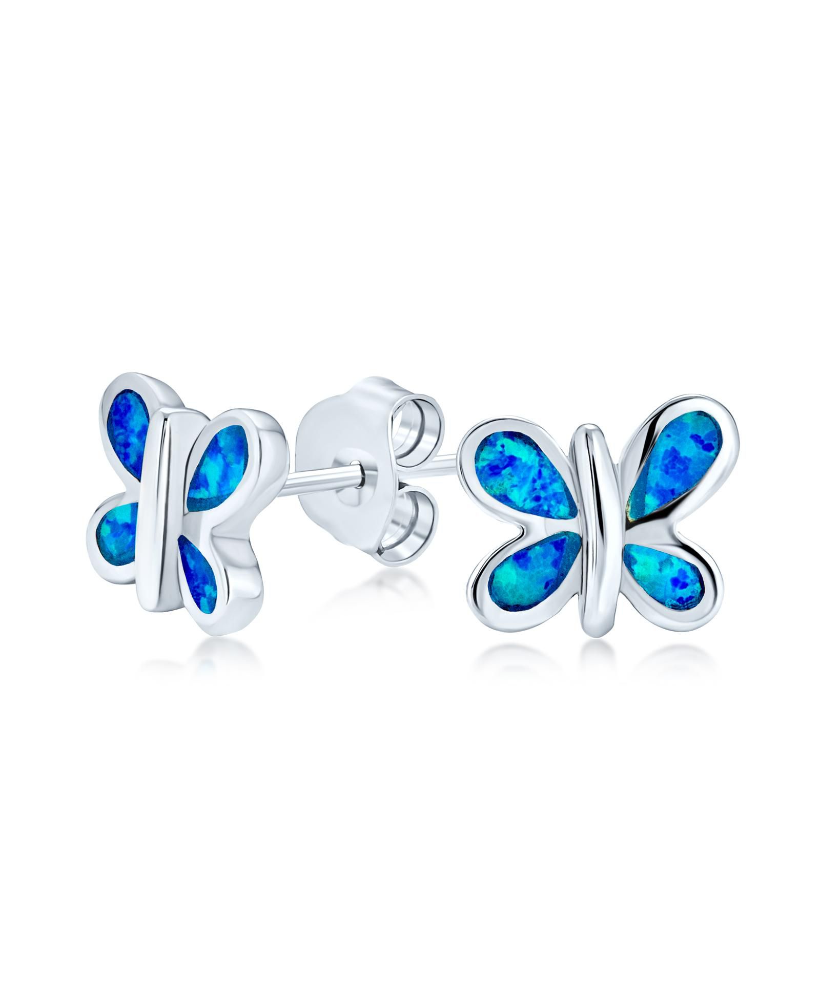 Bling Jewelry Petite Butterfly Stud Earrings Created Blue Opal Inlay .925 Sterling Silver