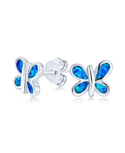 Bling Jewelry Petite Butterfly Stud Earrings Created Blue Opal Inlay .925 Sterling Silver