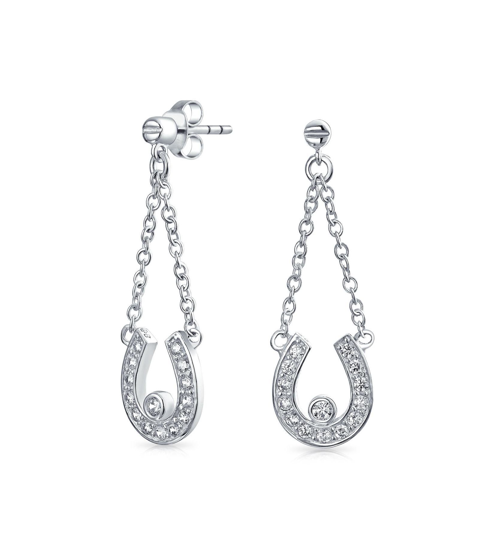 Bling Jewelry Good Luck Equestrian CZ Horseshoe Dangling Earrings CZ Pave Sterling Silver