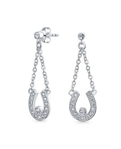 Bling Jewelry Good Luck Equestrian CZ Horseshoe Dangling Earrings CZ Pave Sterling Silver