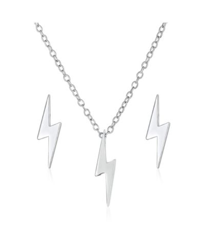 Bling Jewelry Tiny Lightning Bolt Pendant Necklace and Stud Earrings Set Sterling Silver