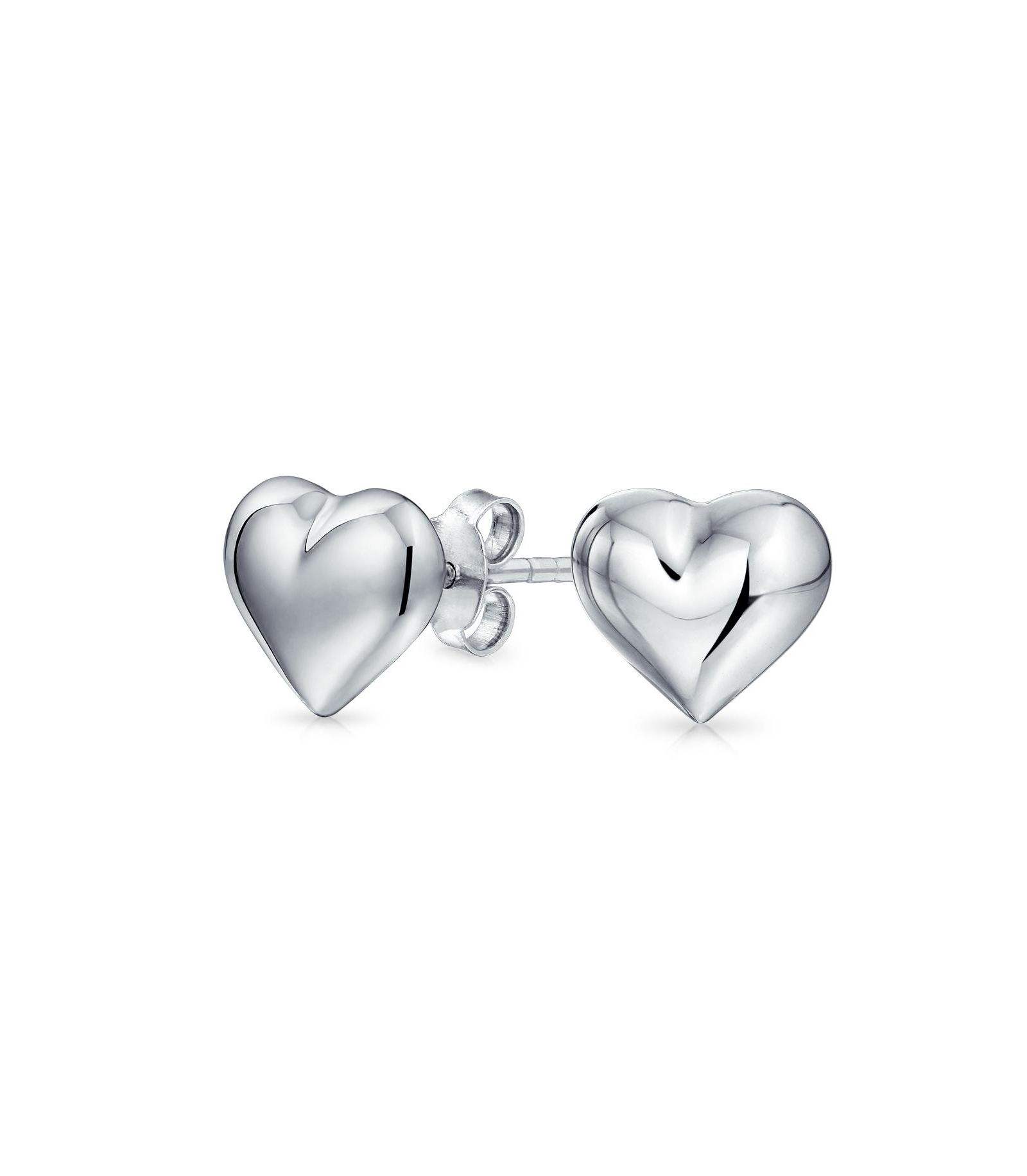 Bling Jewelry Romantic Puff Heart Shape Stud Earrings Plain Polished .925 Sterling Silver