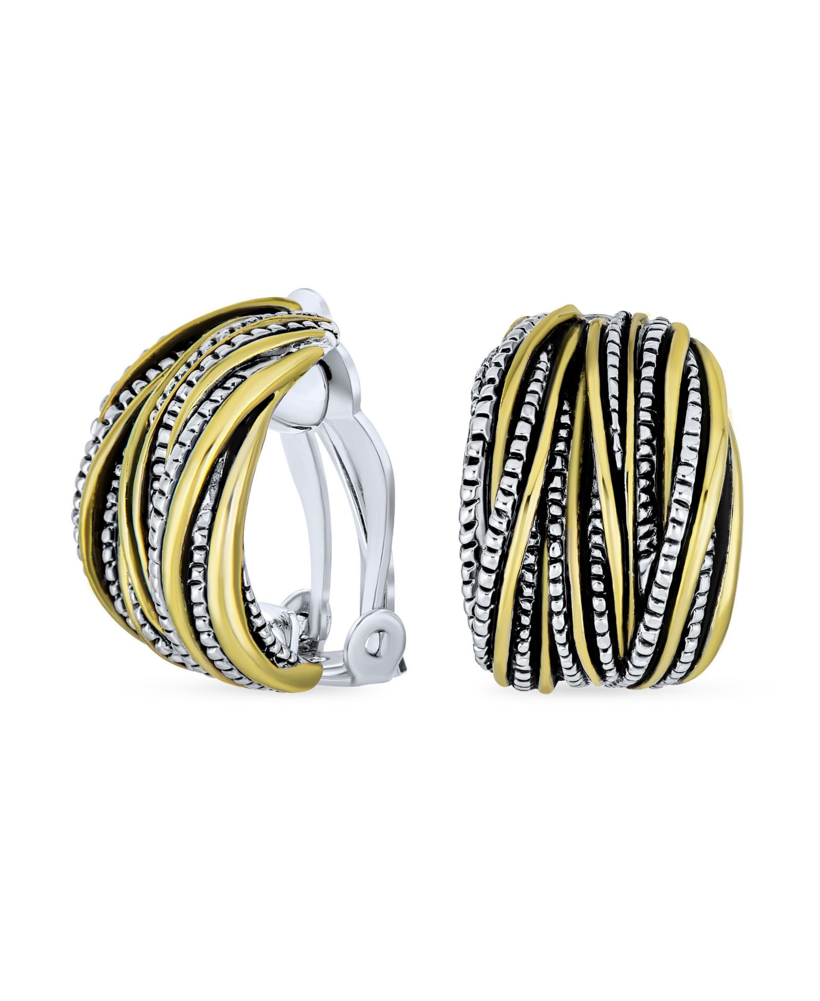 Bling Jewelry Two-Tone Crossover Stripe Clip On Earrings Wide Oxidized Silver Gold Plated