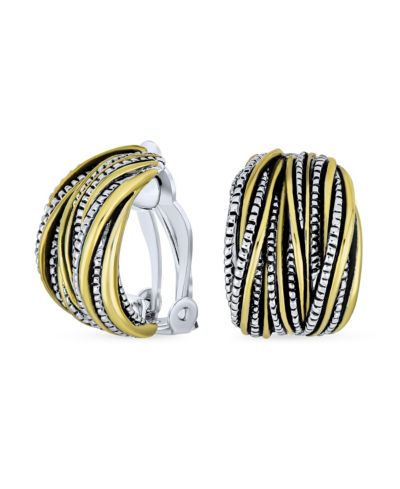 Bling Jewelry Two-Tone Crossover Stripe Clip On Earrings Wide Oxidized Silver Gold Plated